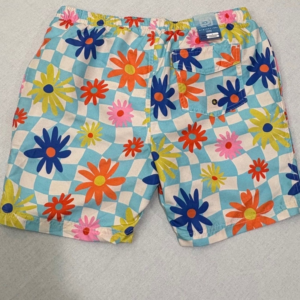 Distortion Men Swim Trunks Floral Checkered Drawstring 3 pockets Large‎ NWT - Picture 2 of 5